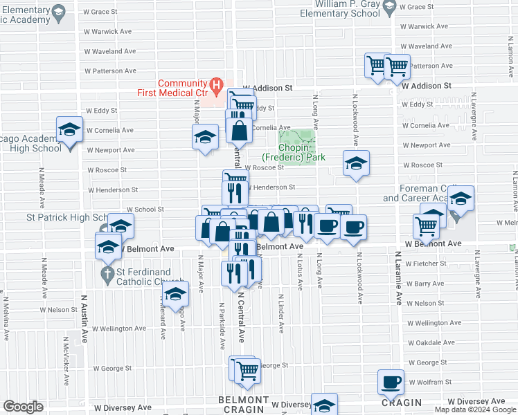 map of restaurants, bars, coffee shops, grocery stores, and more near 5523 West School Street in Chicago