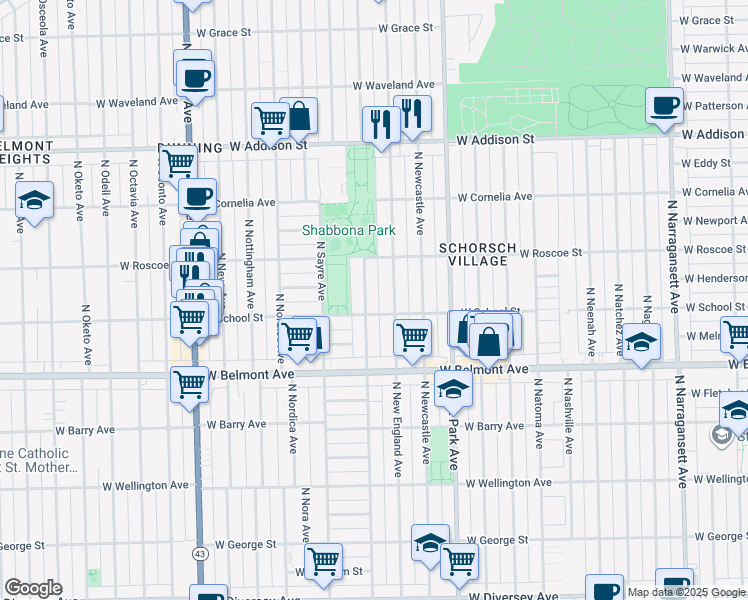 map of restaurants, bars, coffee shops, grocery stores, and more near 3301 North Newland Avenue in Chicago