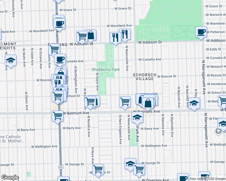 map of restaurants, bars, coffee shops, grocery stores, and more near 3301 North Newland Avenue in Chicago