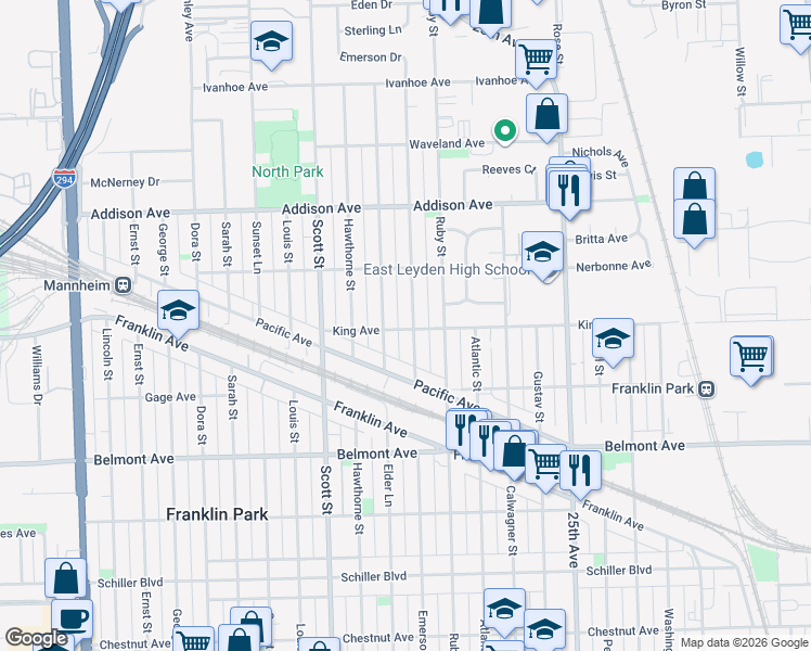 map of restaurants, bars, coffee shops, grocery stores, and more near 3343 Emerson Street in Franklin Park