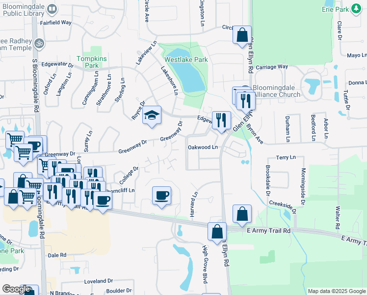 map of restaurants, bars, coffee shops, grocery stores, and more near 326 Colony Green Drive in Bloomingdale