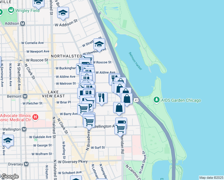 map of restaurants, bars, coffee shops, grocery stores, and more near 421 West Belmont Avenue in Chicago