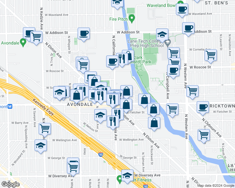 map of restaurants, bars, coffee shops, grocery stores, and more near 3217 North California Avenue in Chicago