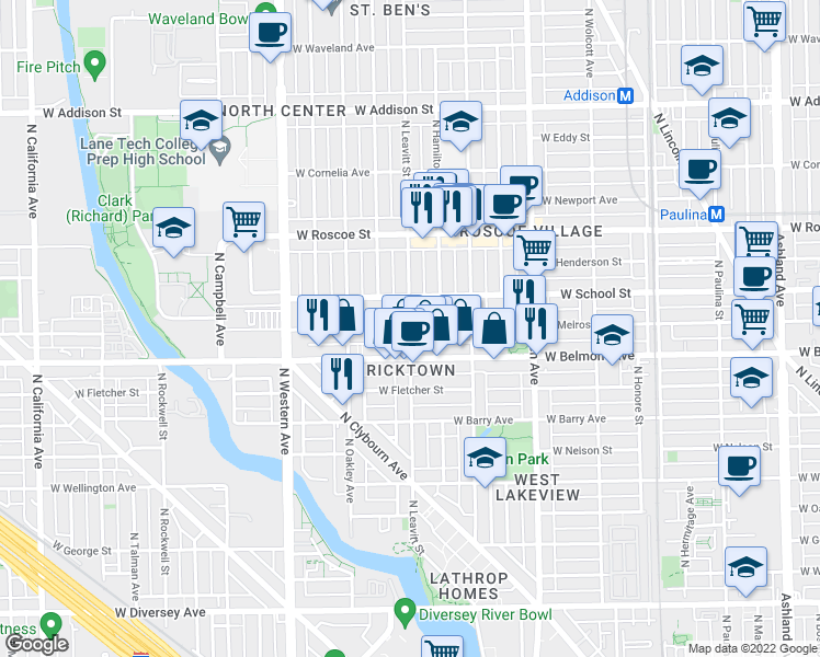 map of restaurants, bars, coffee shops, grocery stores, and more near North Leavitt Street & West Melrose Street in Chicago