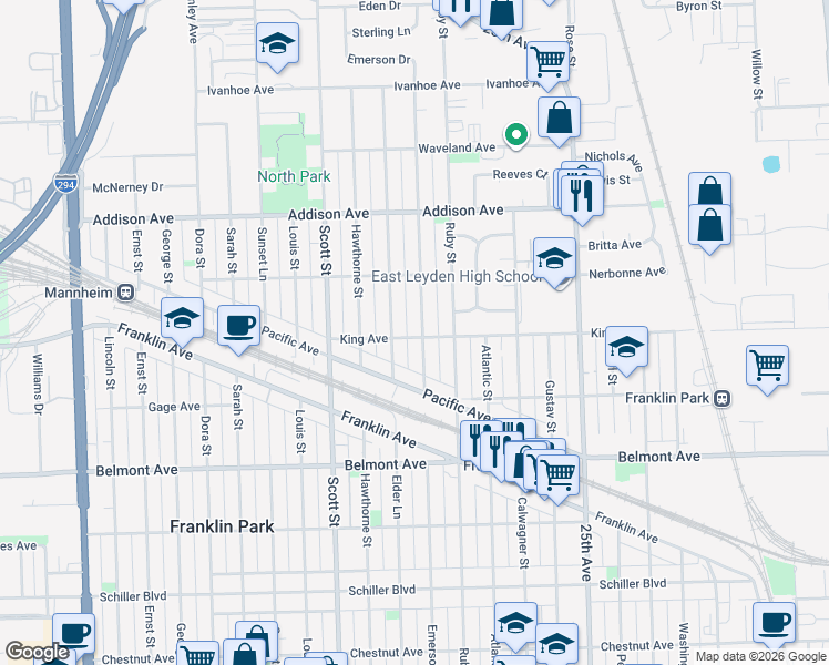 map of restaurants, bars, coffee shops, grocery stores, and more near 3343 Emerson Street in Franklin Park