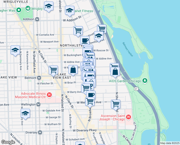 map of restaurants, bars, coffee shops, grocery stores, and more near 3201 North Broadway in Chicago