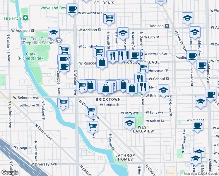 map of restaurants, bars, coffee shops, grocery stores, and more near North Leavitt Street in Chicago