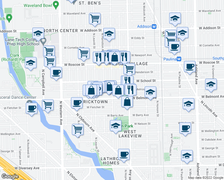 map of restaurants, bars, coffee shops, grocery stores, and more near North Hoyne Avenue & West Melrose Street in Chicago