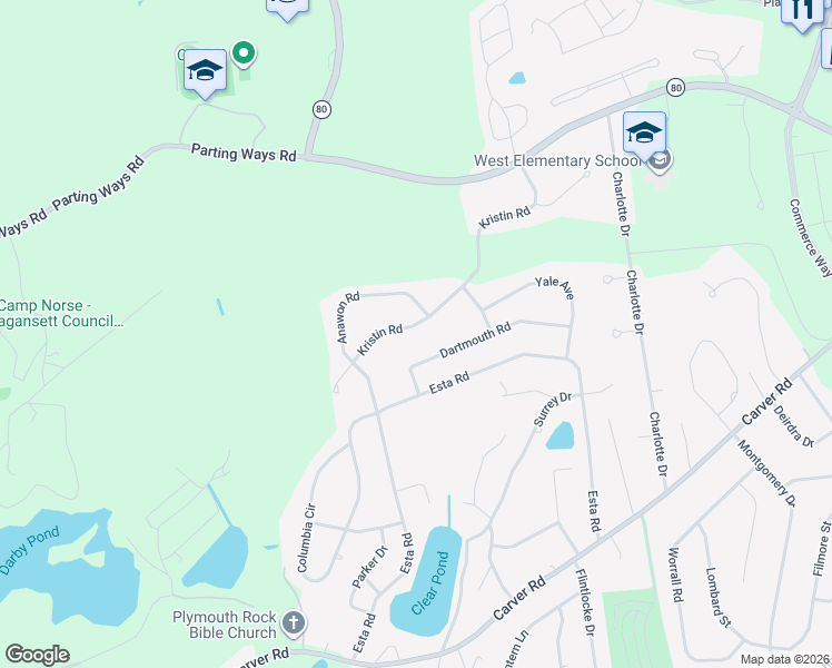 map of restaurants, bars, coffee shops, grocery stores, and more near 44 Kristin Road in Plymouth