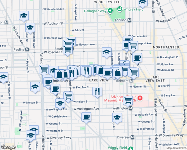 map of restaurants, bars, coffee shops, grocery stores, and more near 1221 West Melrose Street in Chicago