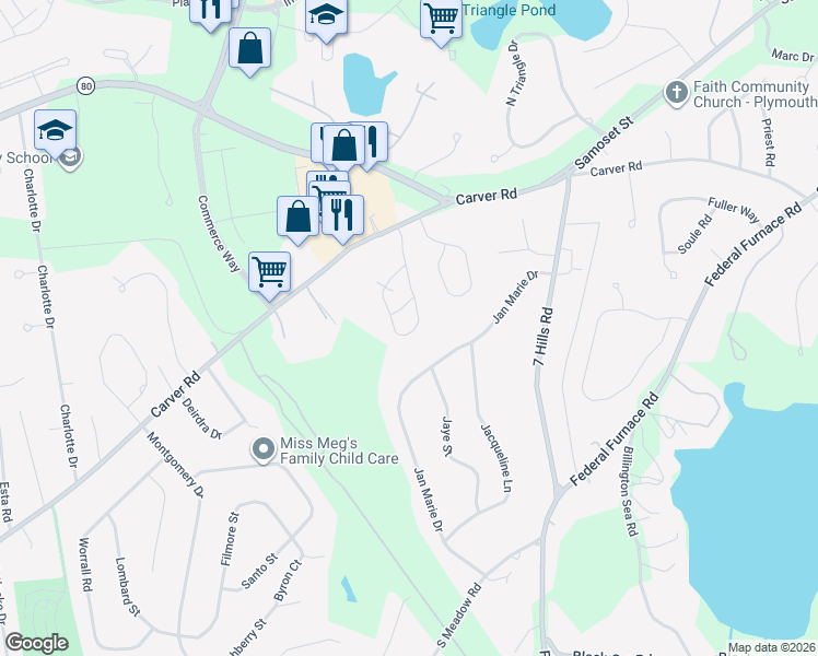 map of restaurants, bars, coffee shops, grocery stores, and more near 35 Jan Marie Drive in Plymouth