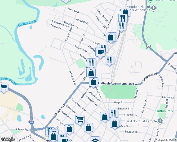 map of restaurants, bars, coffee shops, grocery stores, and more near 420 Albany Avenue in Kingston