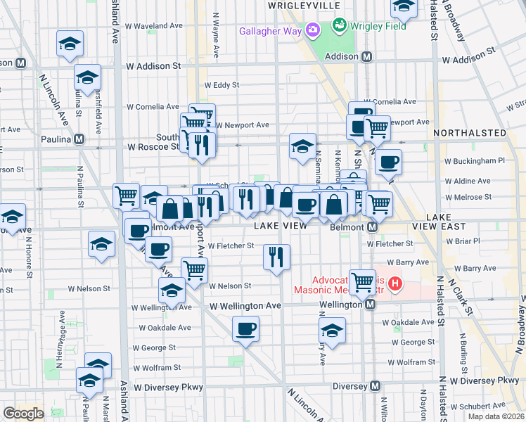 map of restaurants, bars, coffee shops, grocery stores, and more near 1222 West Belmont Avenue in Chicago