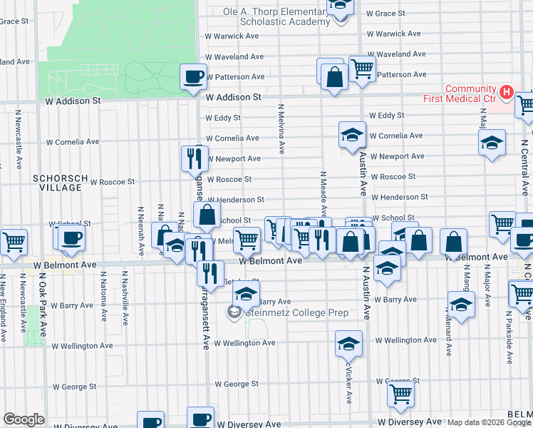 map of restaurants, bars, coffee shops, grocery stores, and more near 6207 West School Street in Chicago