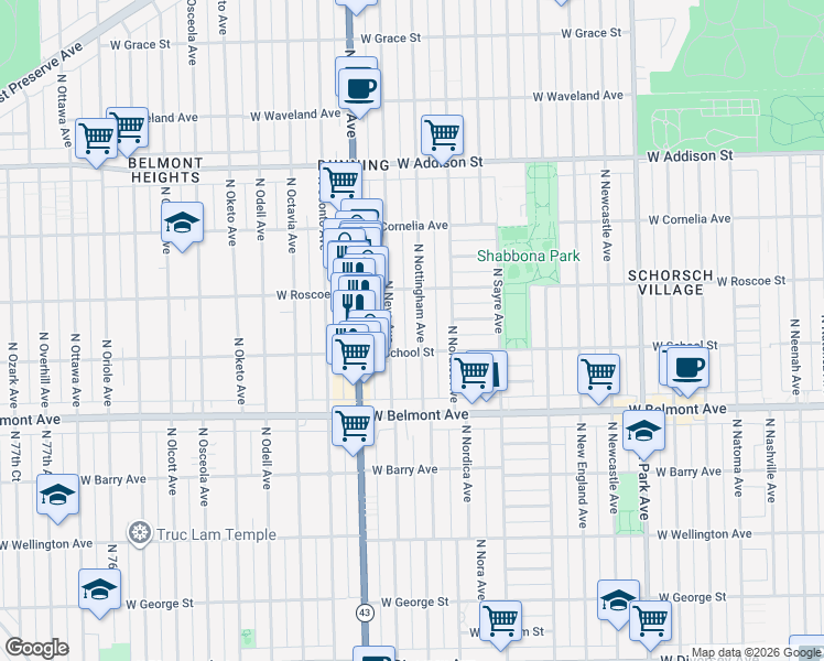 map of restaurants, bars, coffee shops, grocery stores, and more near 7070 West School Street in Chicago