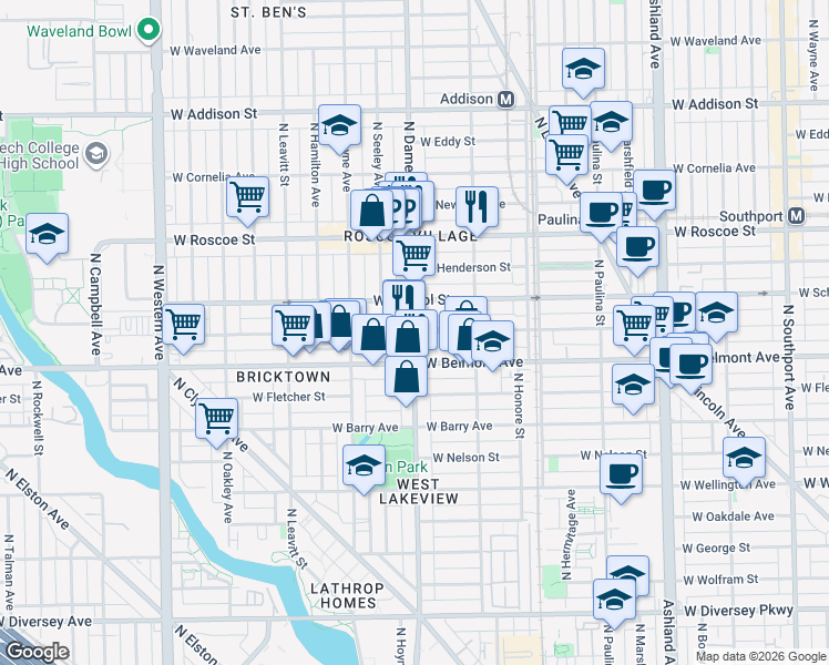 map of restaurants, bars, coffee shops, grocery stores, and more near N Damen Ave & W Melrose St in Chicago