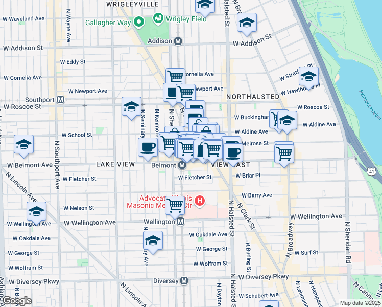 map of restaurants, bars, coffee shops, grocery stores, and more near 3215 North Wilton Avenue in Chicago