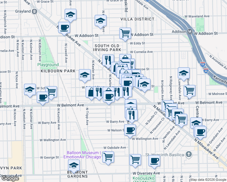 map of restaurants, bars, coffee shops, grocery stores, and more near 4047 West Melrose Street in Chicago