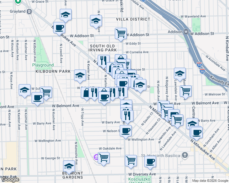 map of restaurants, bars, coffee shops, grocery stores, and more near 4047 West Melrose Street in Chicago