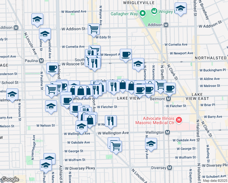 map of restaurants, bars, coffee shops, grocery stores, and more near 1300 West Belmont Avenue in Chicago