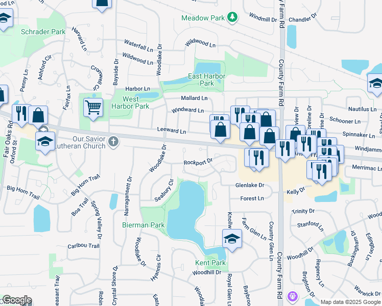 map of restaurants, bars, coffee shops, grocery stores, and more near 1349 Ridgefield Circle in Carol Stream