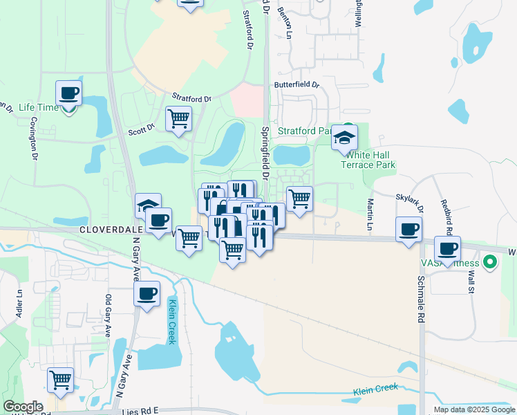 map of restaurants, bars, coffee shops, grocery stores, and more near 357 Army Trail Road in Bloomingdale