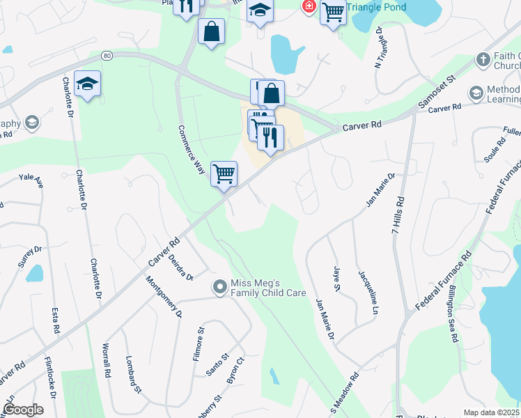 map of restaurants, bars, coffee shops, grocery stores, and more near 124-128 Carver Road in Plymouth