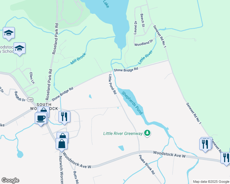 map of restaurants, bars, coffee shops, grocery stores, and more near 82 Little Pond Road in Woodstock