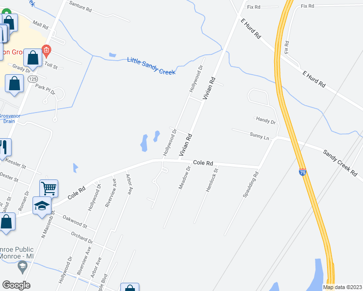 map of restaurants, bars, coffee shops, grocery stores, and more near 831 Cole Road in Monroe