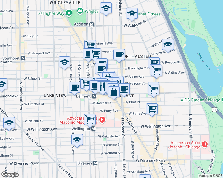 map of restaurants, bars, coffee shops, grocery stores, and more near 901 West Belmont Avenue in Chicago