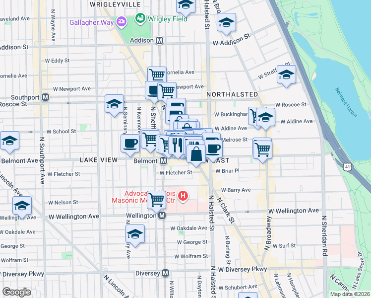 map of restaurants, bars, coffee shops, grocery stores, and more near 901 West Belmont Avenue in Chicago