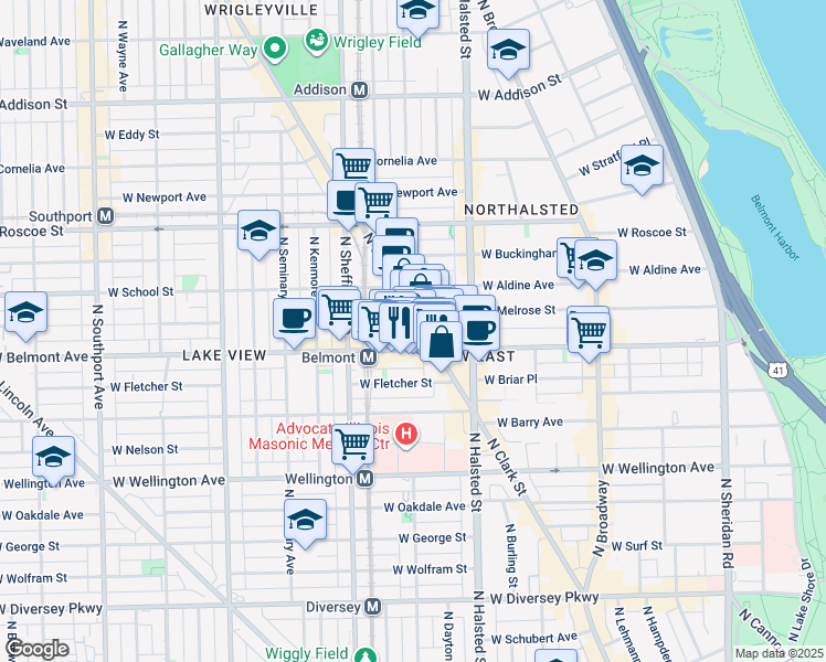 map of restaurants, bars, coffee shops, grocery stores, and more near 901 West Belmont Avenue in Chicago
