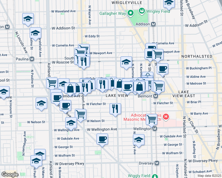 map of restaurants, bars, coffee shops, grocery stores, and more near 1224 West Belmont Avenue in Chicago