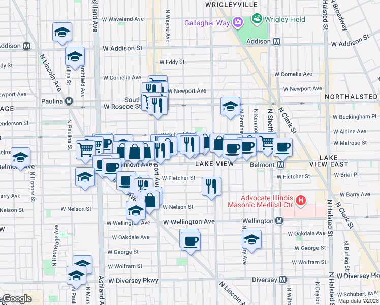 map of restaurants, bars, coffee shops, grocery stores, and more near 3208 North Lakewood Avenue in Chicago