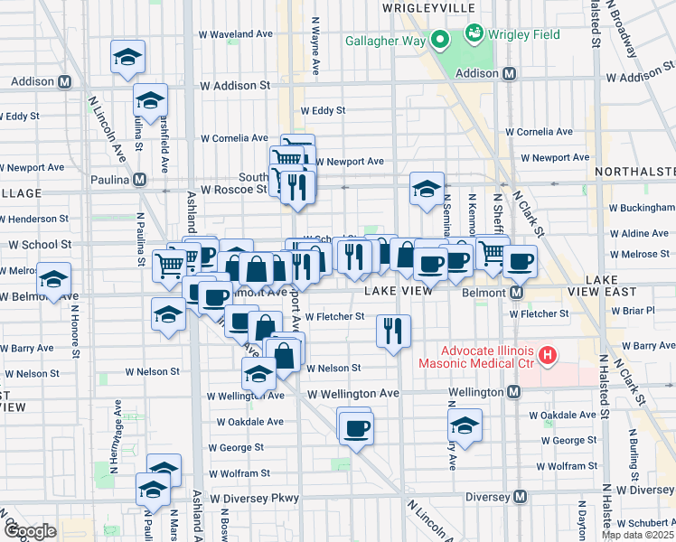 map of restaurants, bars, coffee shops, grocery stores, and more near 1300 West Belmont Avenue in Chicago