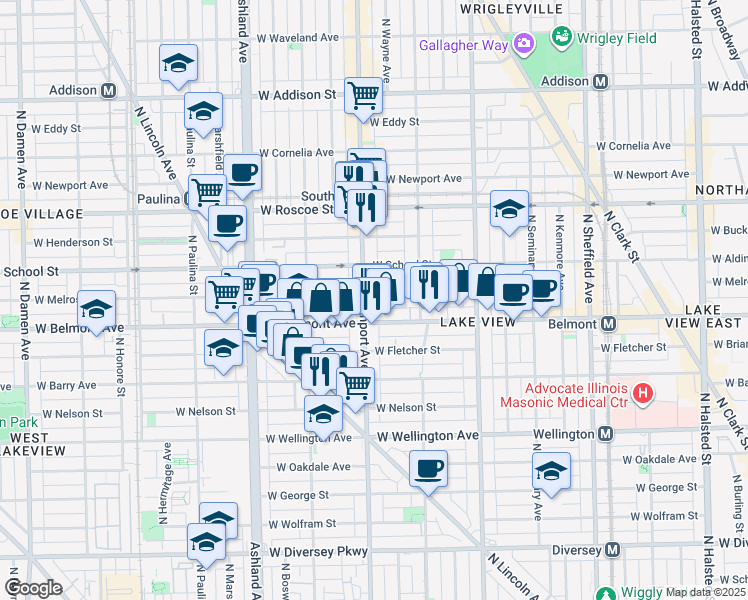 map of restaurants, bars, coffee shops, grocery stores, and more near 1342 West Belmont Avenue in Chicago