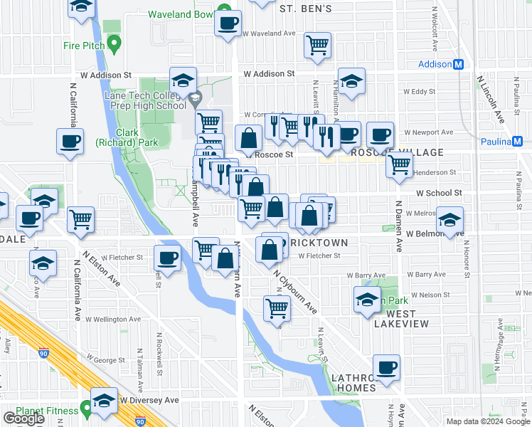 map of restaurants, bars, coffee shops, grocery stores, and more near 2337 West Melrose Street in Chicago