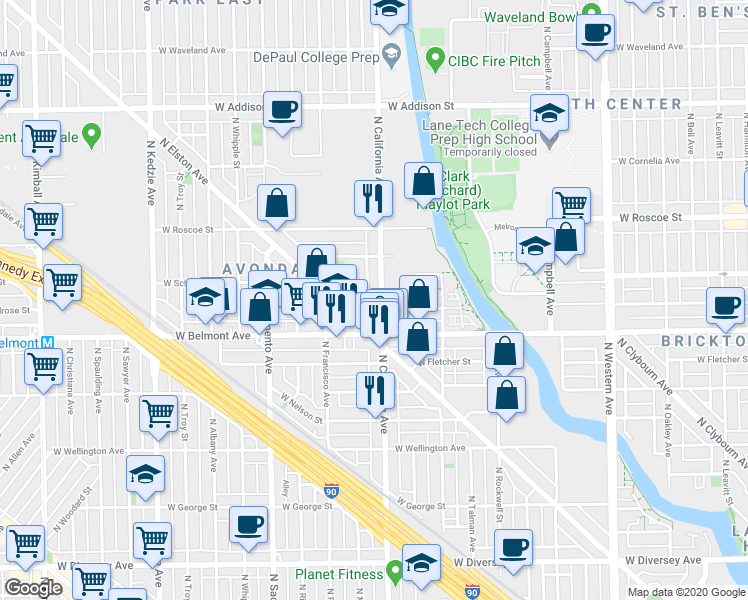 map of restaurants, bars, coffee shops, grocery stores, and more near 3217 North California Avenue in Chicago