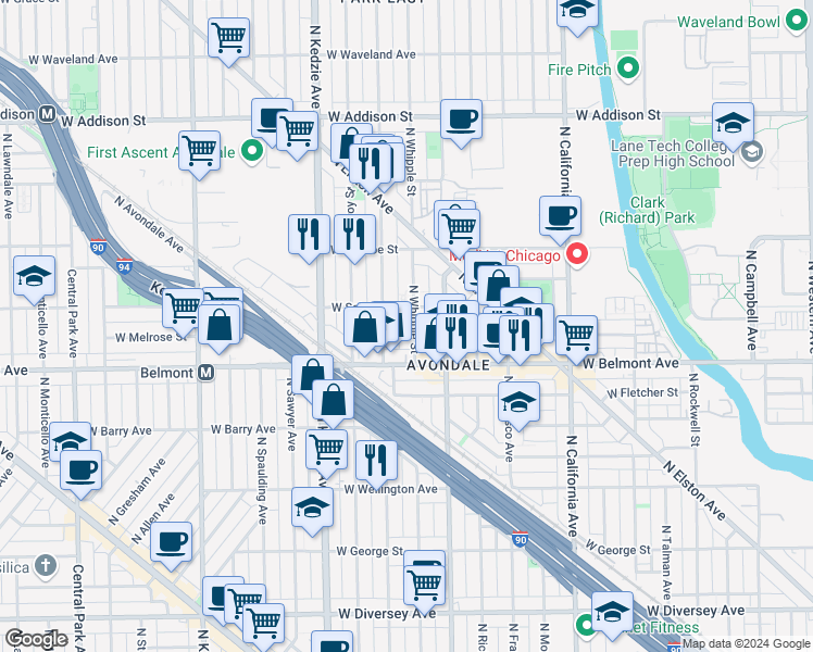 map of restaurants, bars, coffee shops, grocery stores, and more near in Chicago
