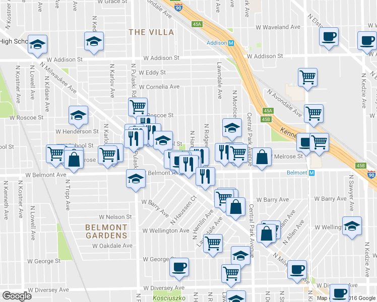 map of restaurants, bars, coffee shops, grocery stores, and more near 3227 North Avers Avenue in Chicago