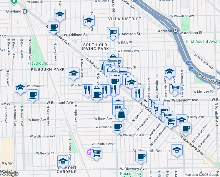 map of restaurants, bars, coffee shops, grocery stores, and more near 3224 North Pulaski Road in Chicago