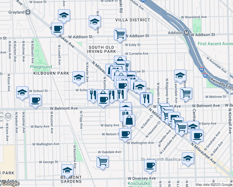 map of restaurants, bars, coffee shops, grocery stores, and more near 3224 North Pulaski Road in Chicago