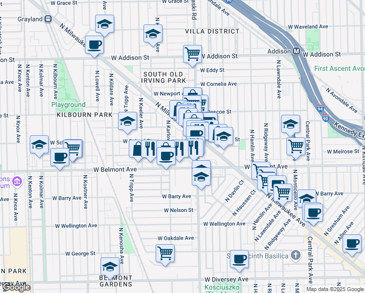 map of restaurants, bars, coffee shops, grocery stores, and more near 4047 West Melrose Street in Chicago