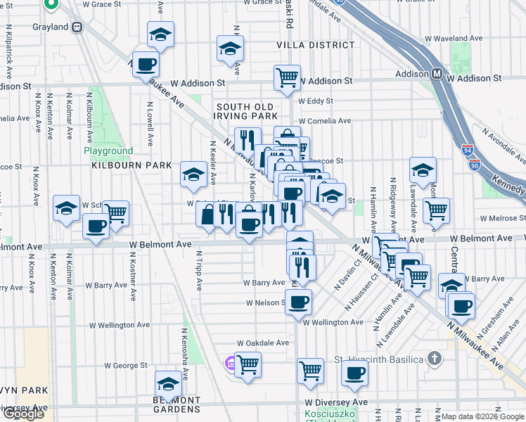 map of restaurants, bars, coffee shops, grocery stores, and more near 4047 West Melrose Street in Chicago