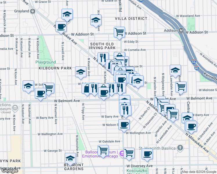 map of restaurants, bars, coffee shops, grocery stores, and more near 4047 West Melrose Street in Chicago