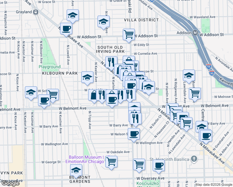 map of restaurants, bars, coffee shops, grocery stores, and more near 4047 West Melrose Street in Chicago