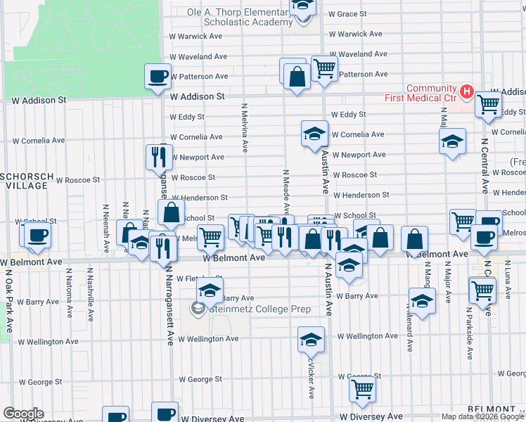 map of restaurants, bars, coffee shops, grocery stores, and more near 6131 West School Street in Chicago