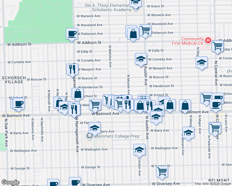map of restaurants, bars, coffee shops, grocery stores, and more near 6131 West School Street in Chicago