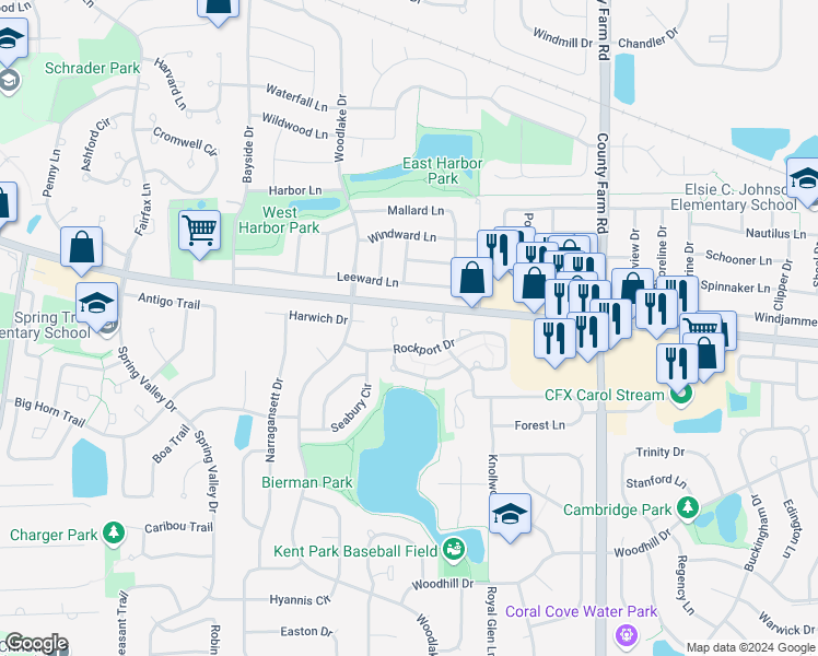 map of restaurants, bars, coffee shops, grocery stores, and more near 1349 Ridgefield Circle in Carol Stream