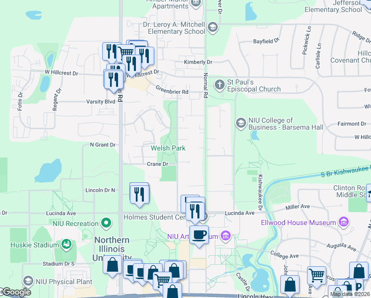 map of restaurants, bars, coffee shops, grocery stores, and more near 9 Pheasant Run in DeKalb